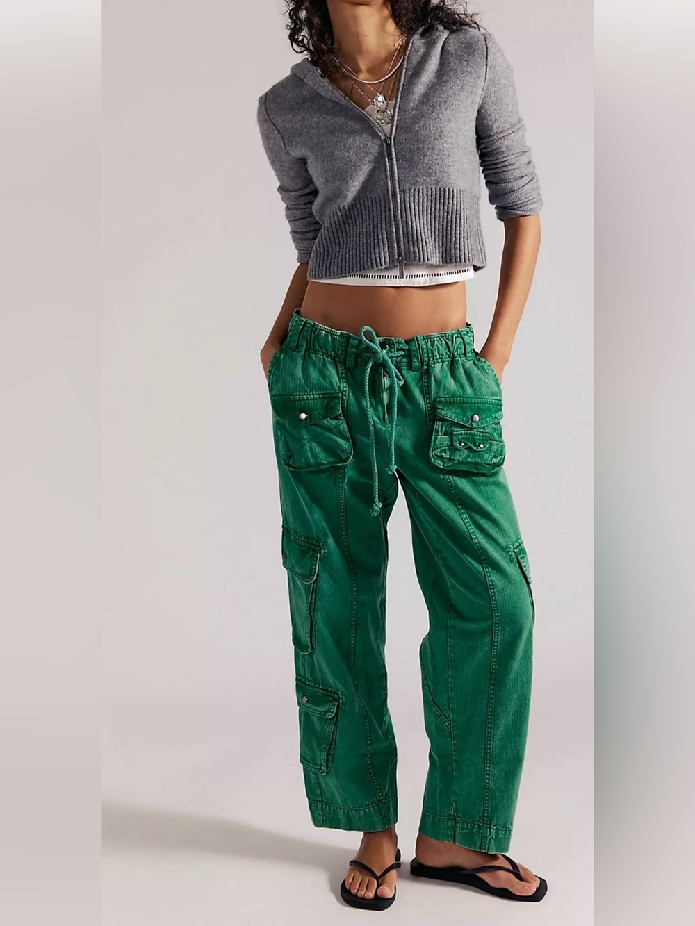 Free People Emerald Green Cargo Pants - Drawstring Utility Trousers